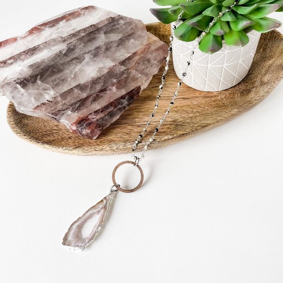 Geode Slice Pendant with Pink Druzy and Wood Ring - Picture 1 of 8